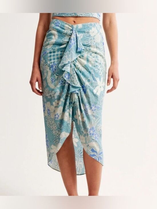 Abercrombie & Fitch Other - Abercrombie & Fitch Blue Floral Ruffle Tiered Cascading Crinkle Swim Sarong Sm